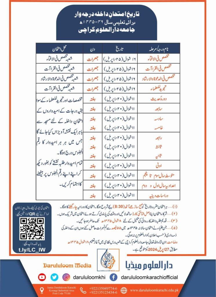 دار العلوم کراچی اعلان داخلہ 2024 و طریقہ کار